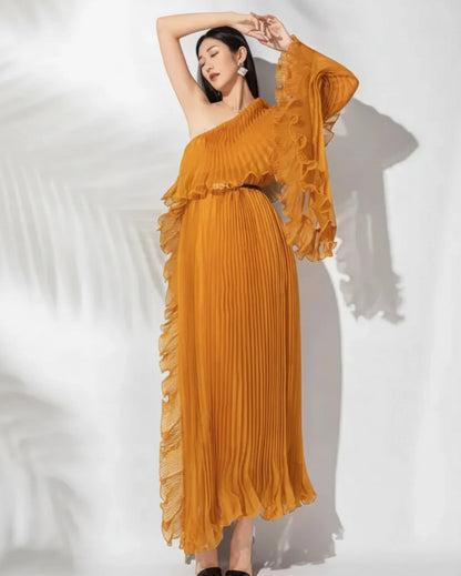 Luxury One-Shoulder Plissé Dress
