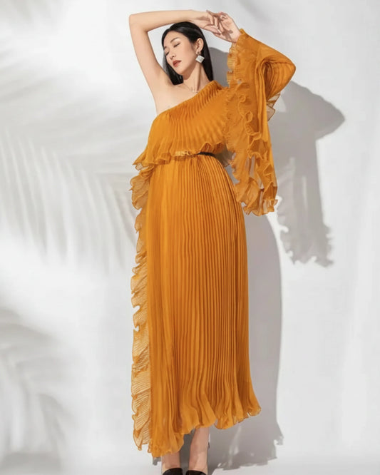 Luxury One-Shoulder Plissé Dress