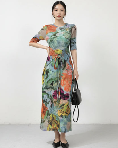Elegant Botanical Pleated Dress