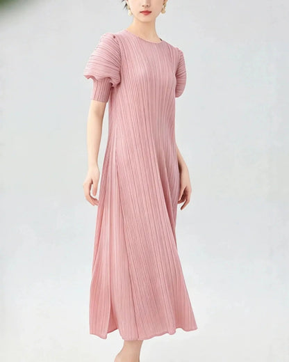 Unique Puff-Sleeve Pleated Dress