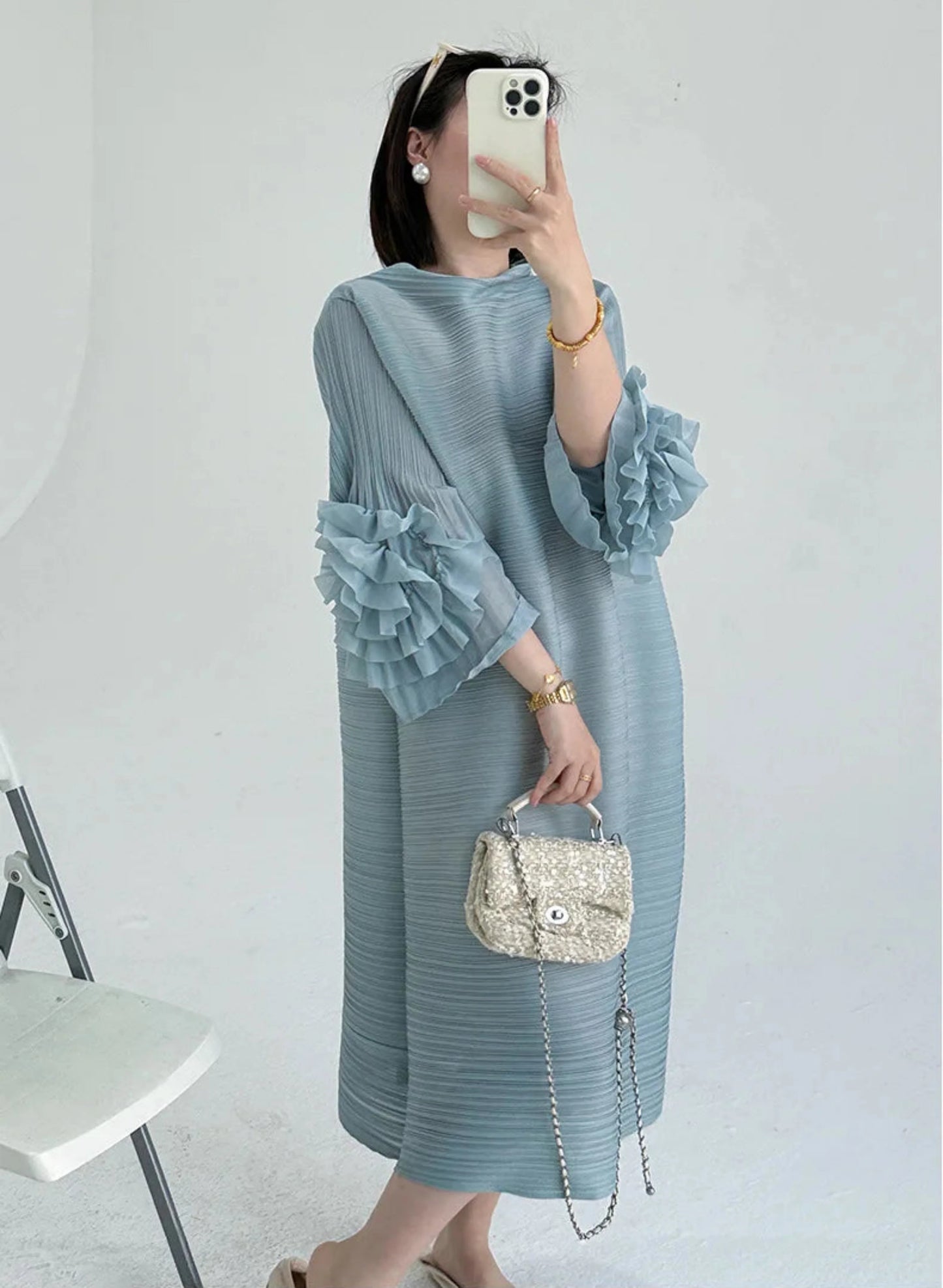 Luxe Floral-Sleeve Pleated Dress