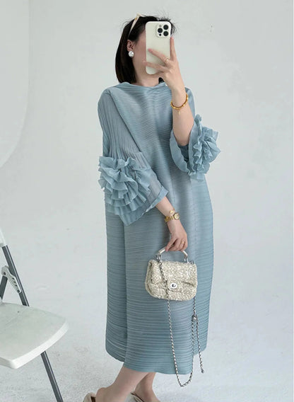 Luxe Floral-Sleeve Pleated Dress