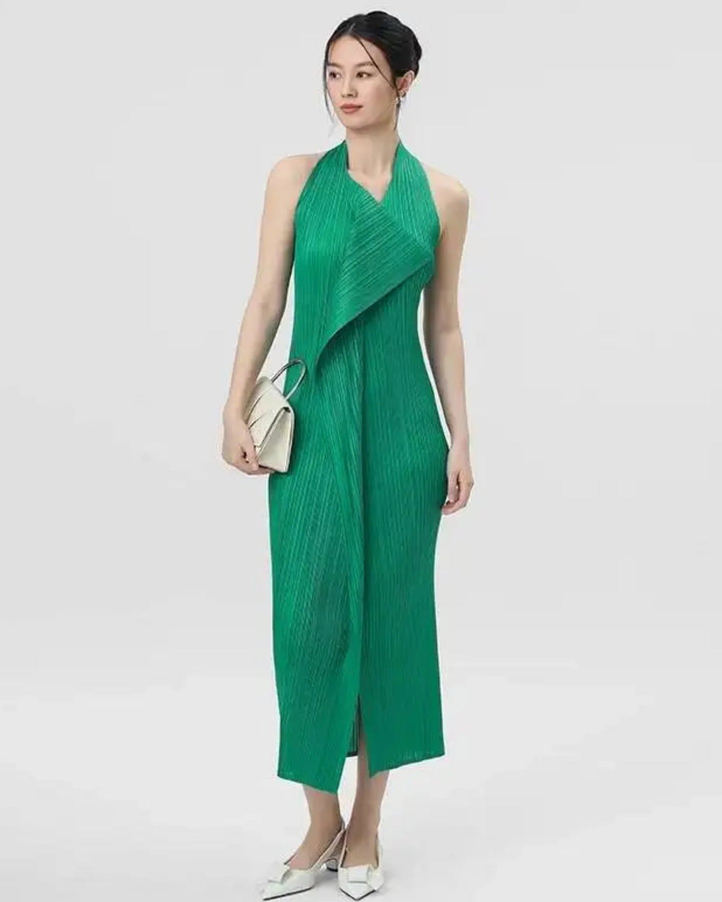 Sculptural Drape Sleeveless Midi Dress Pleated Plissé Dress - Japanese Pleated Midi Dress - Pleated Draped Sleeveless Dress