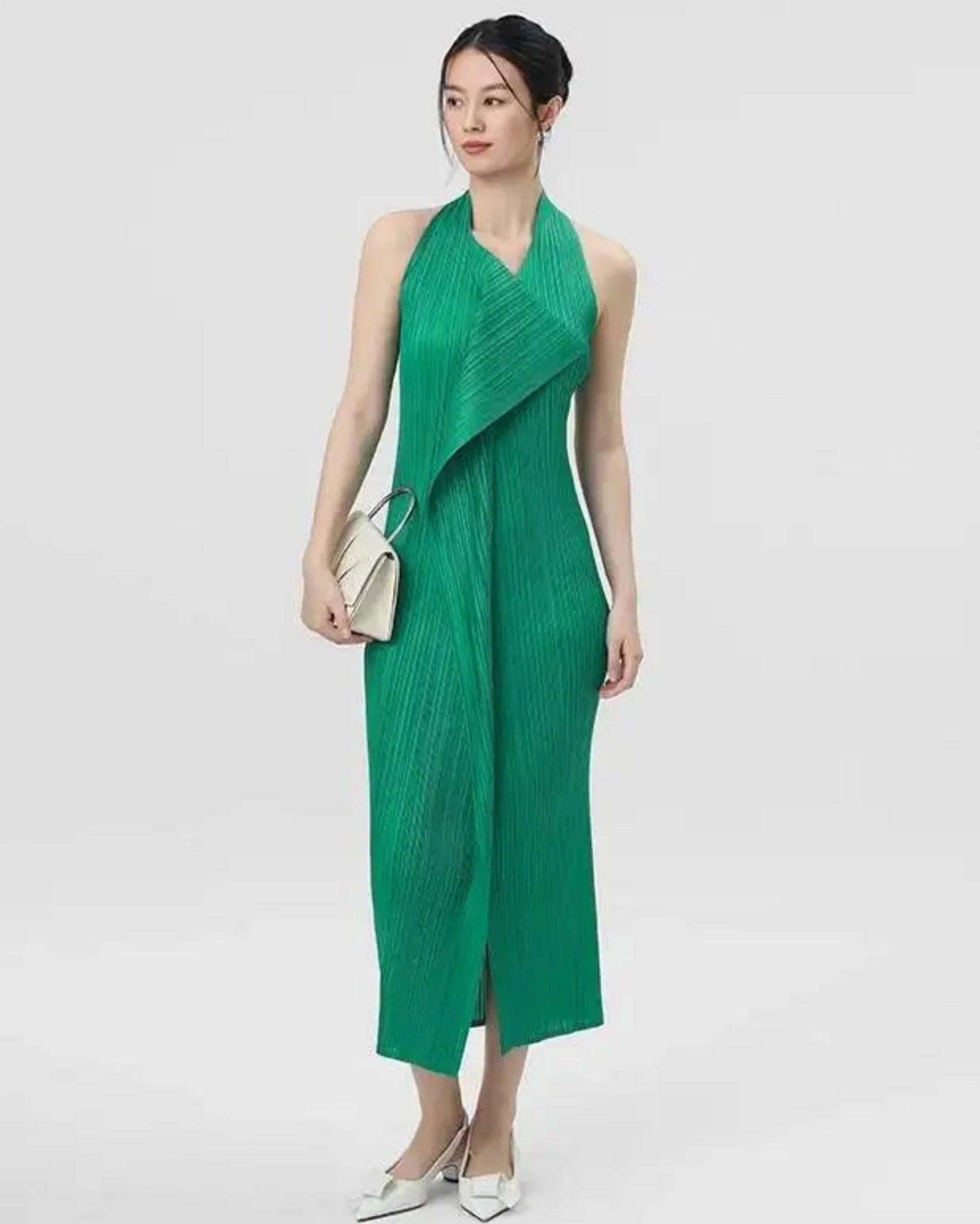Sculptural Drape Sleeveless Midi Dress Pleated Plissé Dress - Japanese Pleated Midi Dress - Pleated Draped Sleeveless Dress