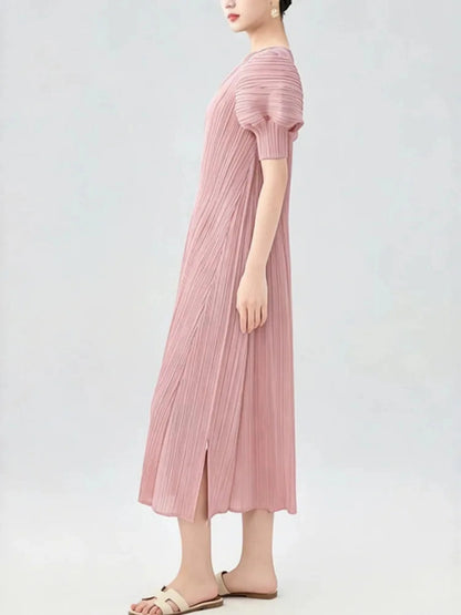 Unique Puff-Sleeve Pleated Dress