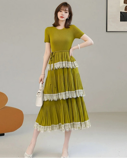 Luxury Pleated Lace Tiered Dress