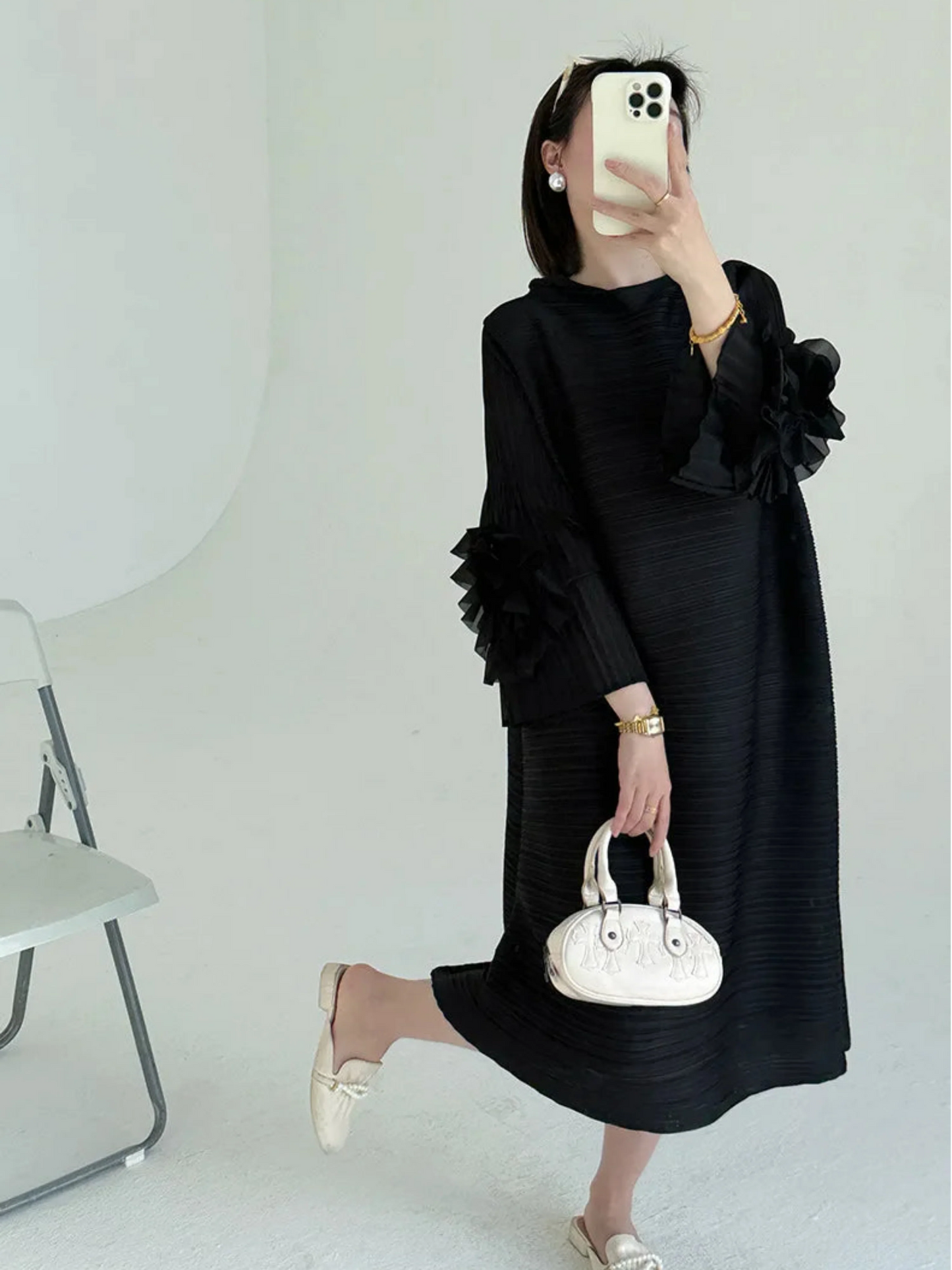 Luxe Floral-Sleeve Pleated Dress