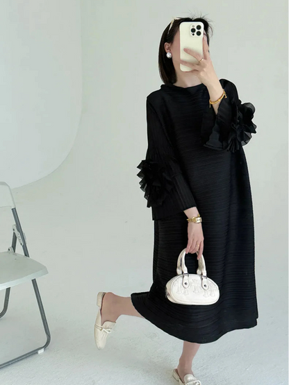 Luxe Floral-Sleeve Pleated Dress
