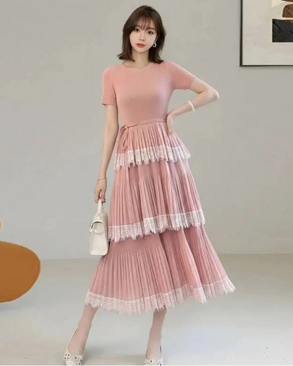 Luxury Pleated Lace Tiered Dress