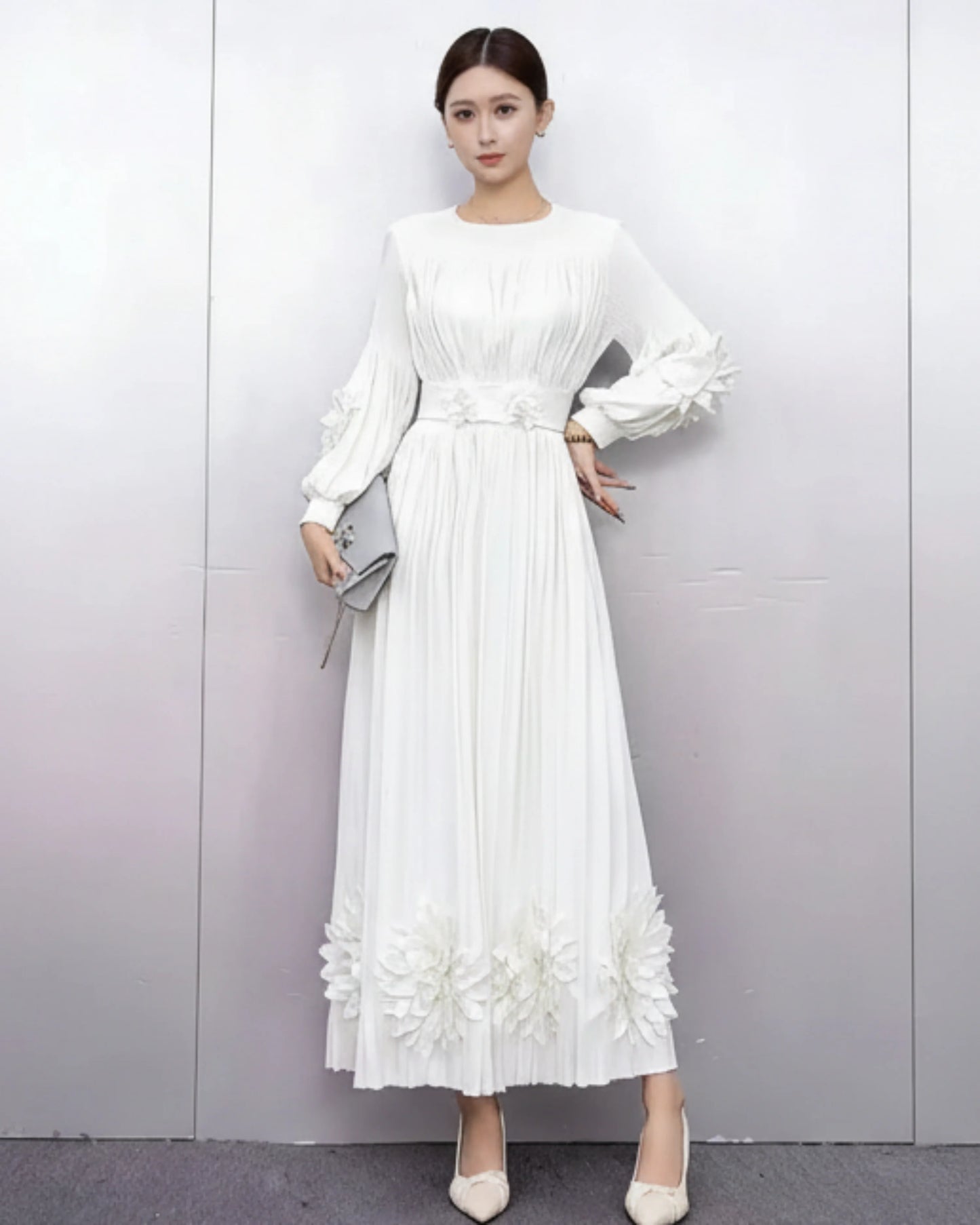 Floral Plissé Long Sleeve Dress