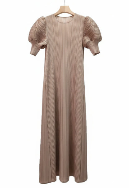 Unique Puff-Sleeve Pleated Dress