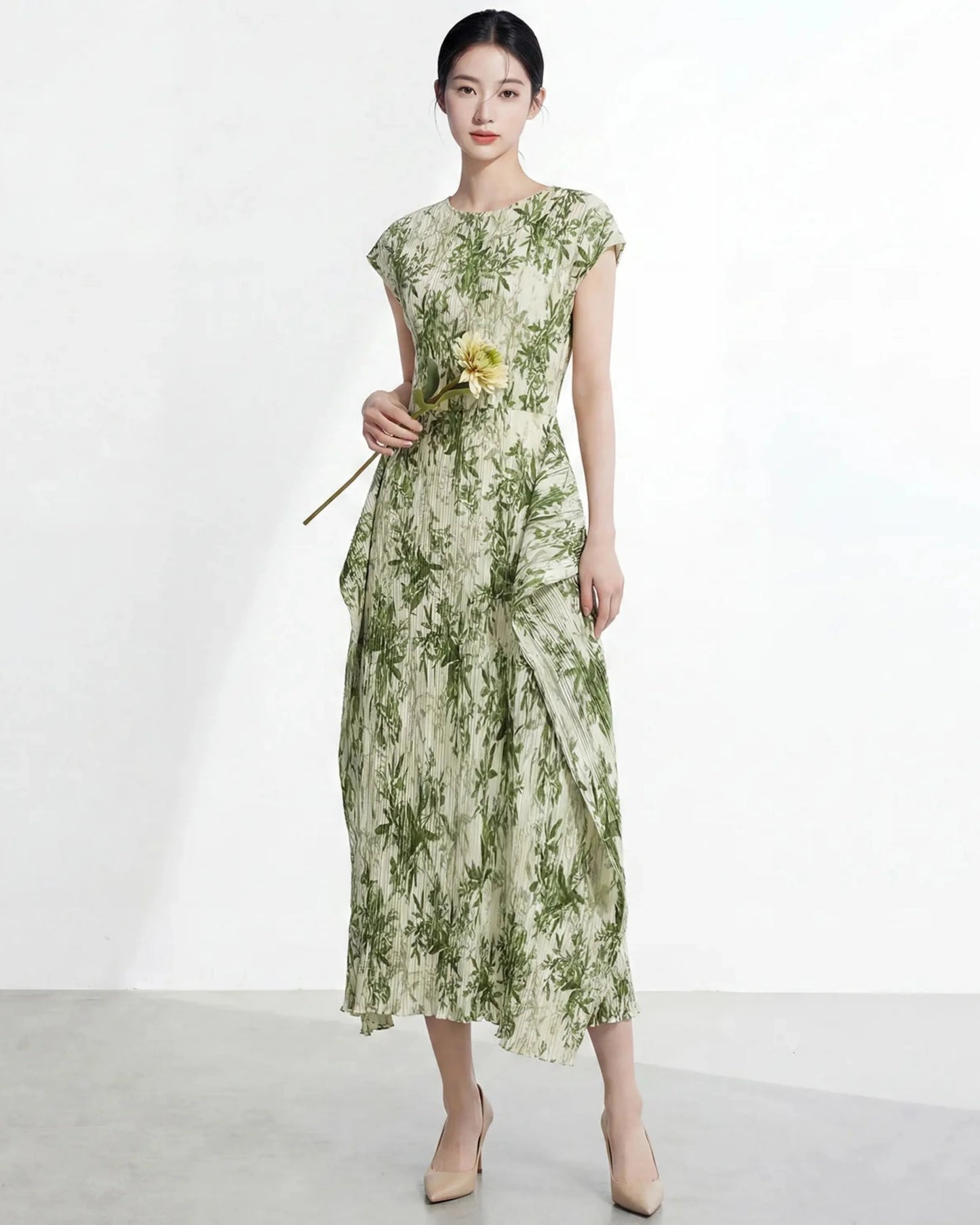 Luxury Botanical Pleated Dress