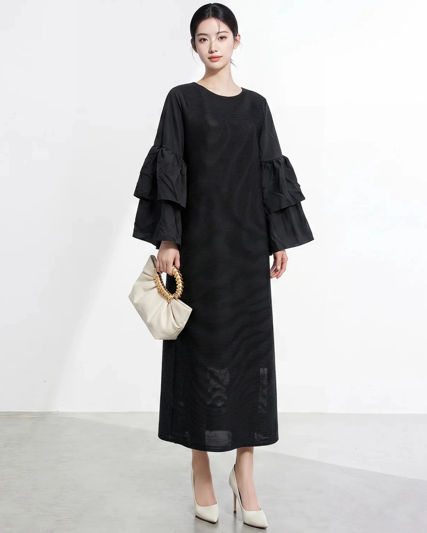 Luxury Ruffle Sleeve Plisse Dress