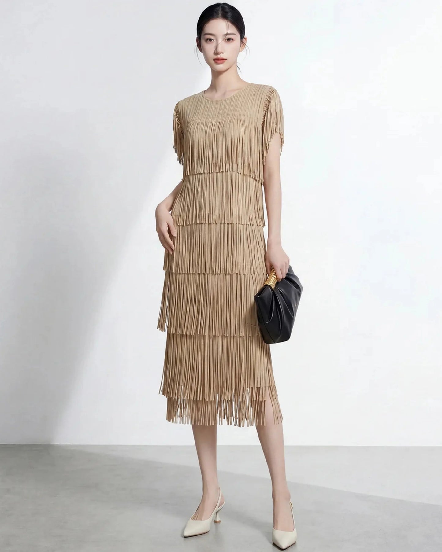 Fringe Pleated Midi Dress