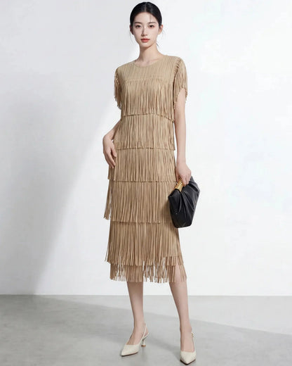 Fringe Pleated Midi Dress