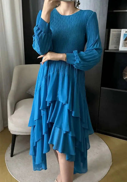 Asymmetric Fluid Pleated Dress