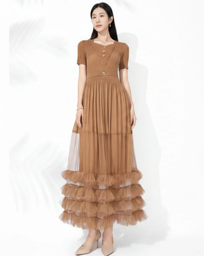 Tiered Tulle Pleated Midi Dress Women Petite Asian Fit Japanese Designer