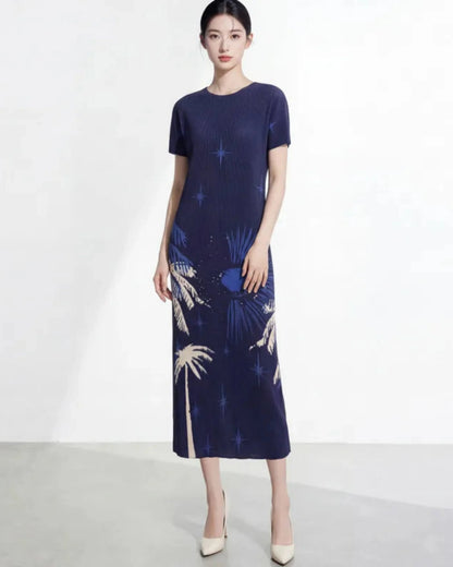Women’s Pleated Midi Dress Short Sleeve Plissé Japanese-Designer Cruise Travel