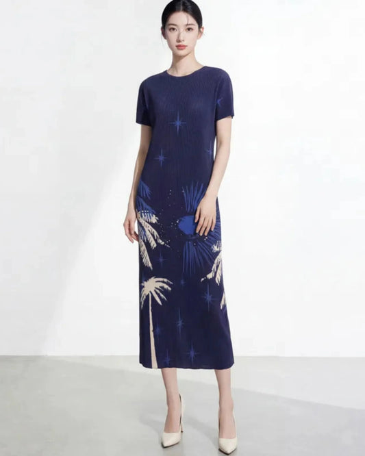 Women’s Pleated Midi Dress Short Sleeve Plissé Japanese-Designer Cruise Travel