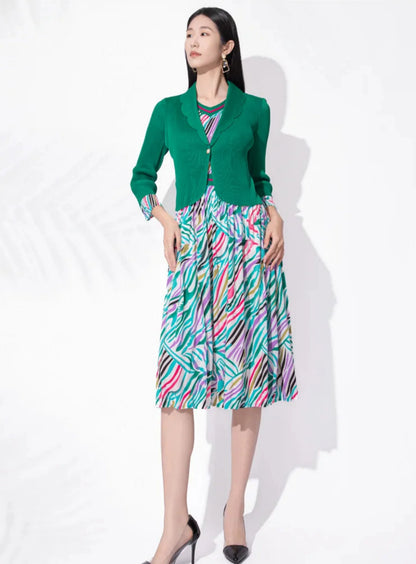 Women’s Pleated Plissé Midi Dress 3/4 Sleeve Petite Japanese-Designer