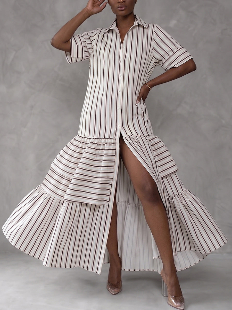 Half Sleeves Loose Buttoned Contrast Color Pleated Split-Joint Striped Lapel Maxi Dresses Shirt Dress