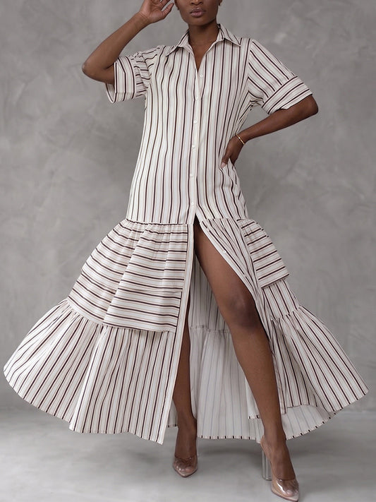 Half Sleeves Loose Buttoned Contrast Color Pleated Split-Joint Striped Lapel Maxi Dresses Shirt Dress
