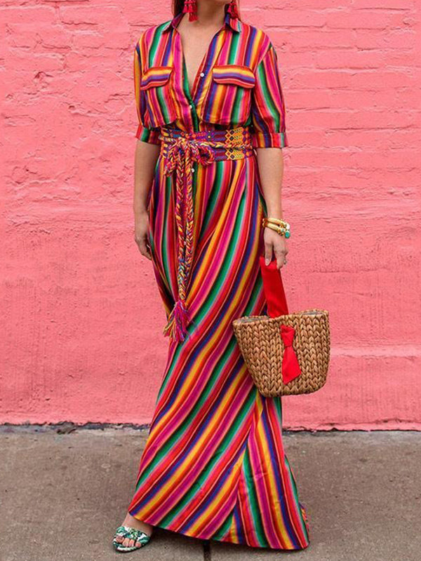 Long Sleeves Loose Split-Joint Striped Lapel Maxi Dresses Shirt Dress