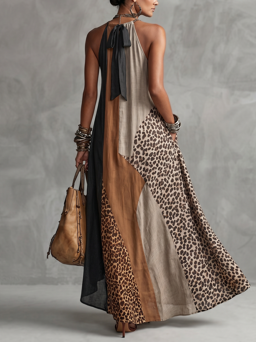 Loose Sleeveless Asymmetric Contrast Color Leopard Pockets Split-Joint Halter-Neck Maxi Dresses