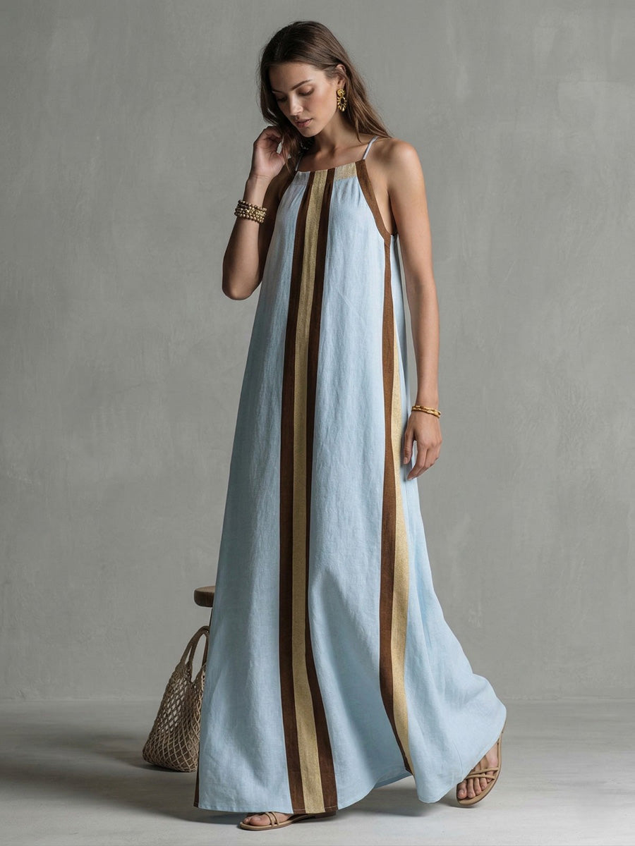 A-Line Loose Contrast Color Pleated Spaghetti-Neck Maxi Dresses