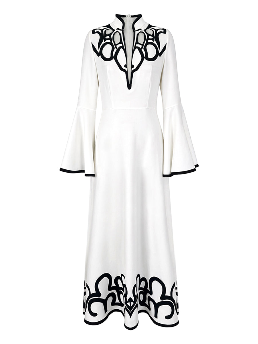 A-Line Flared Sleeves Abstract Printed Contrast Color Hollow Line Split-Joint Stand Collar Maxi Dresses