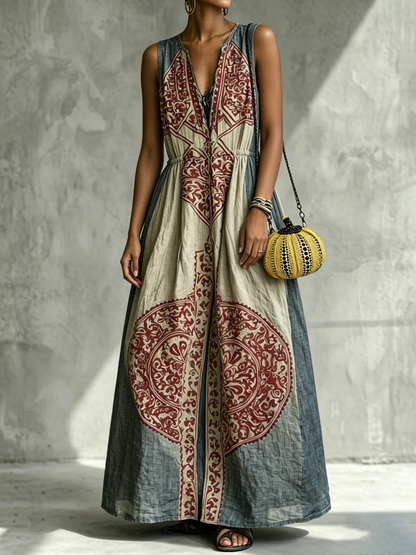 Loose Sleeveless Contrast Color Pleated Pockets V-Neck Maxi Dresses