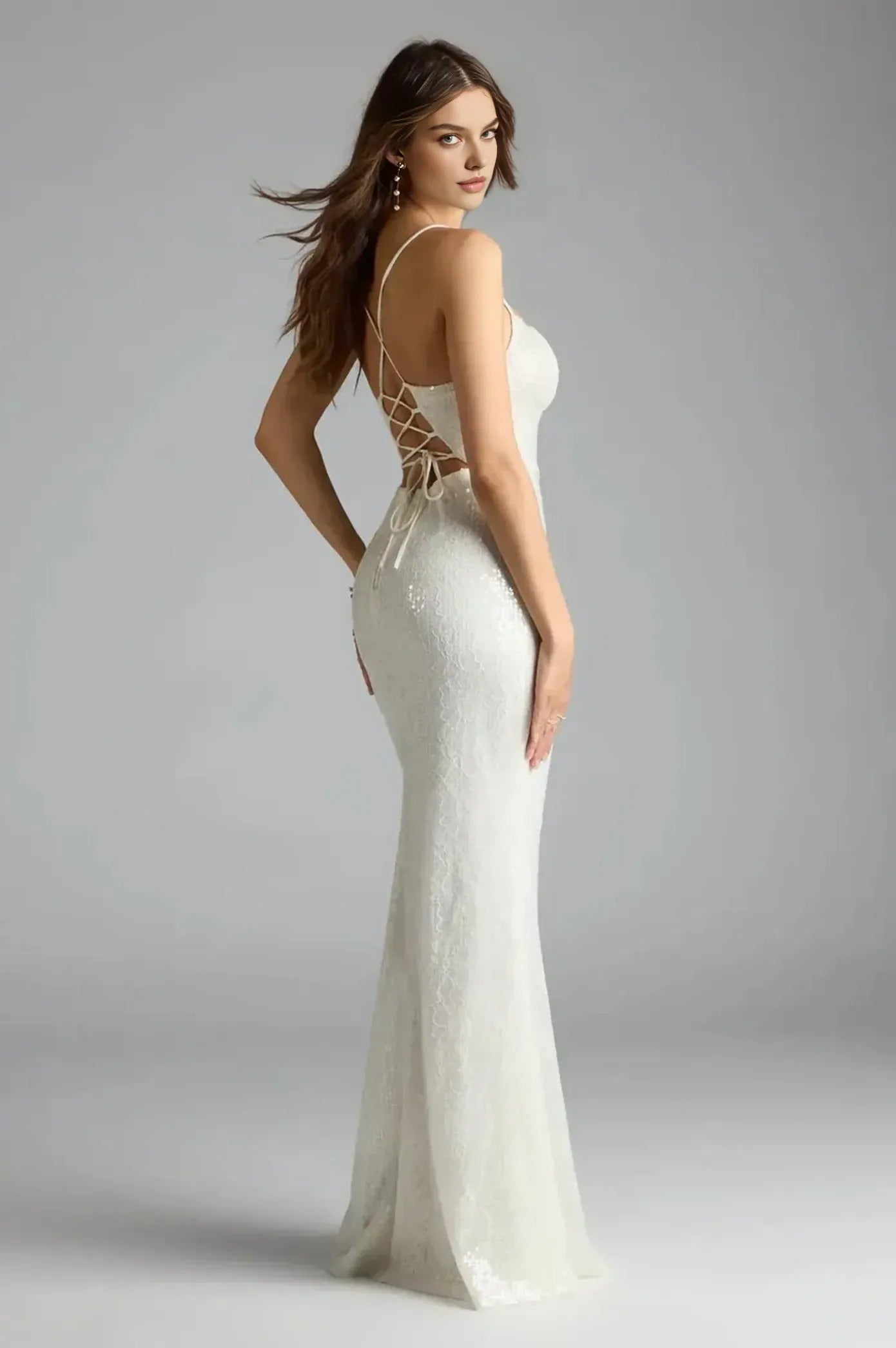 Ivory Lace-Up Back Mermaid Sequin Gown – Formal Maxi Dress
