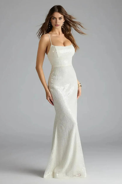 Ivory Lace-Up Back Mermaid Sequin Gown – Formal Maxi Dress