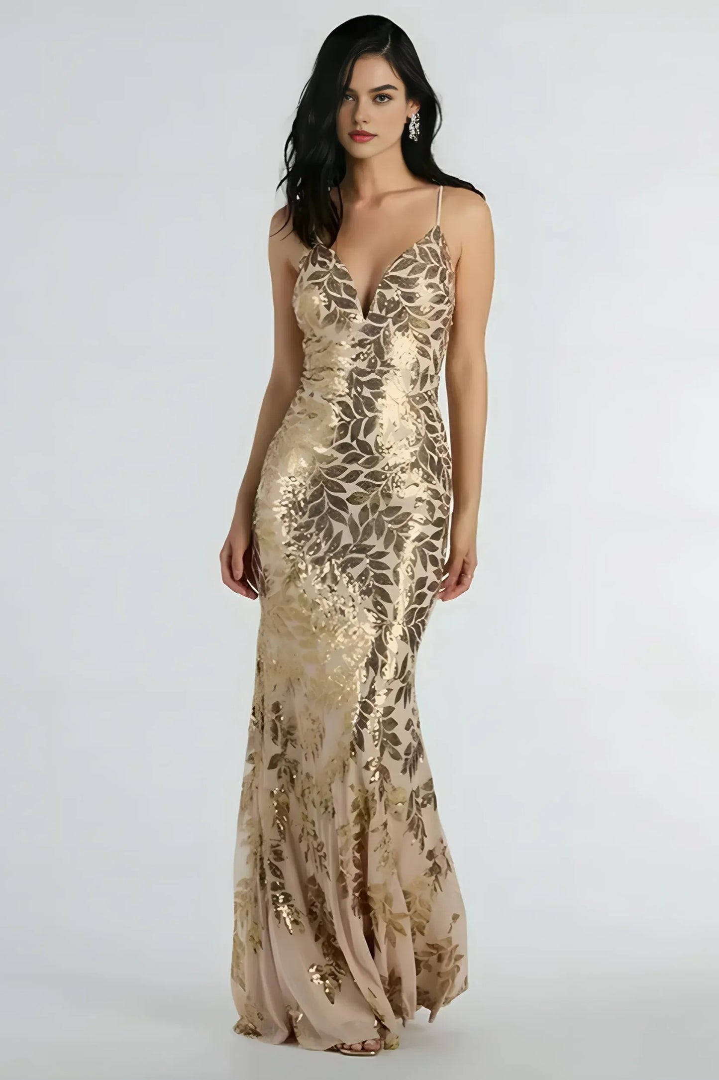 Gold Sequin Leaf Plunge Mermaid Maxi Formal Dress