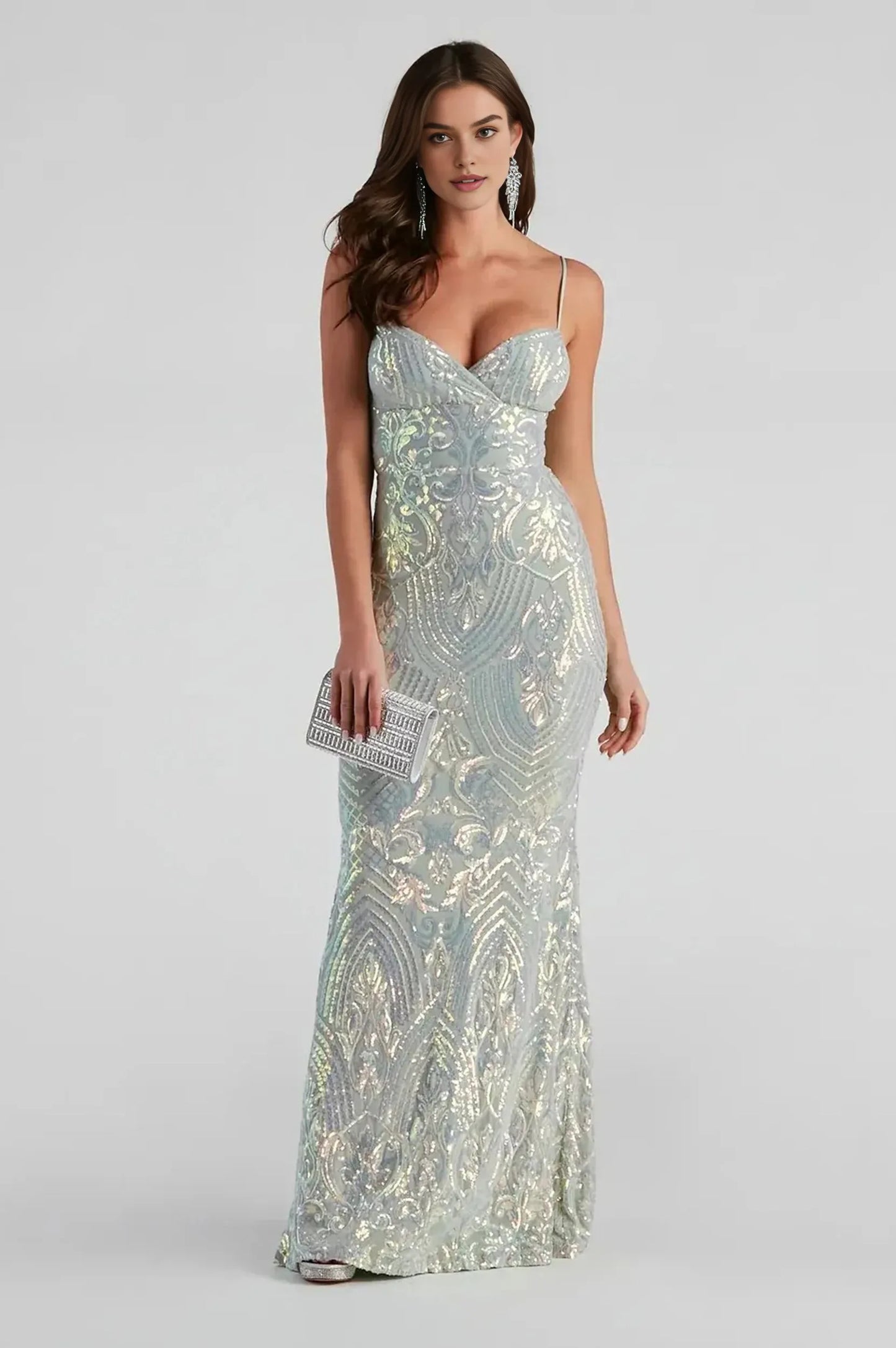 Sage Green Sequin Slim-Fit Formal Maxi Dress