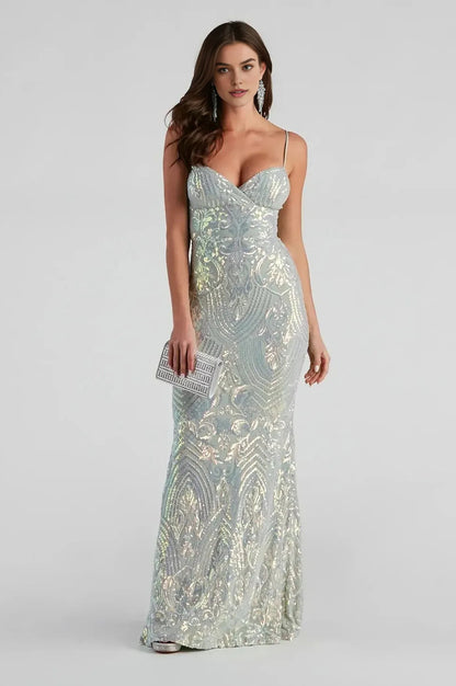 Sage Green Sequin Slim-Fit Formal Maxi Dress