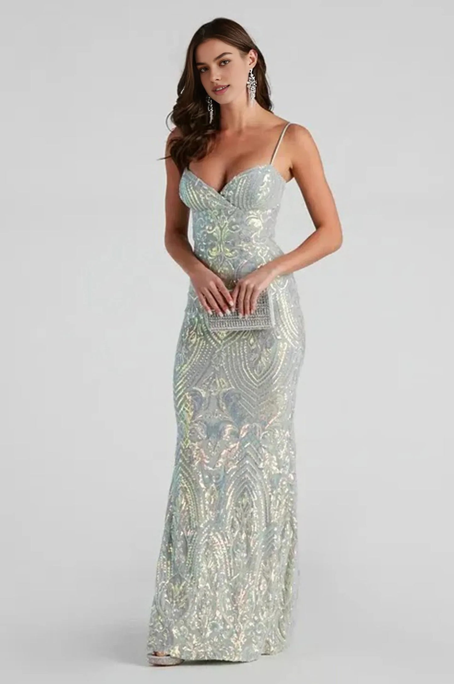 Sage Green Sequin Slim-Fit Formal Maxi Dress