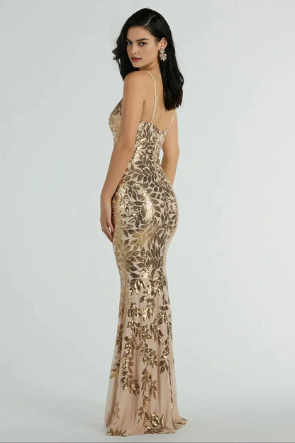 Gold Sequin Leaf Plunge Mermaid Maxi Formal Dress