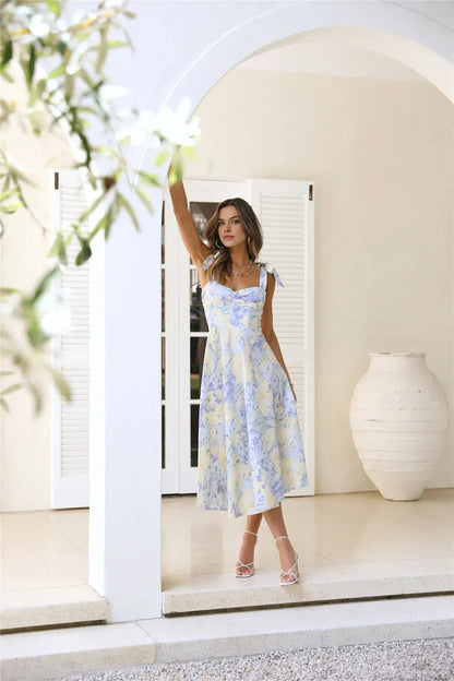 Tropical Print Midi Dress Blue – Elegant Summer Midi Dress