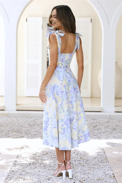Tropical Print Midi Dress Blue – Elegant Summer Midi Dress