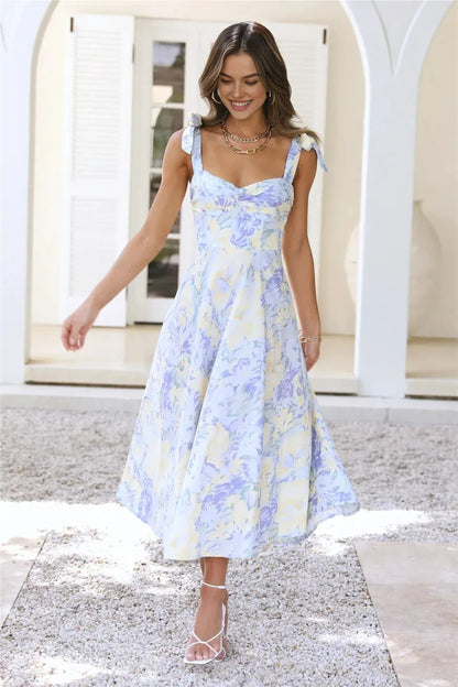 Tropical Print Midi Dress Blue – Elegant Summer Midi Dress