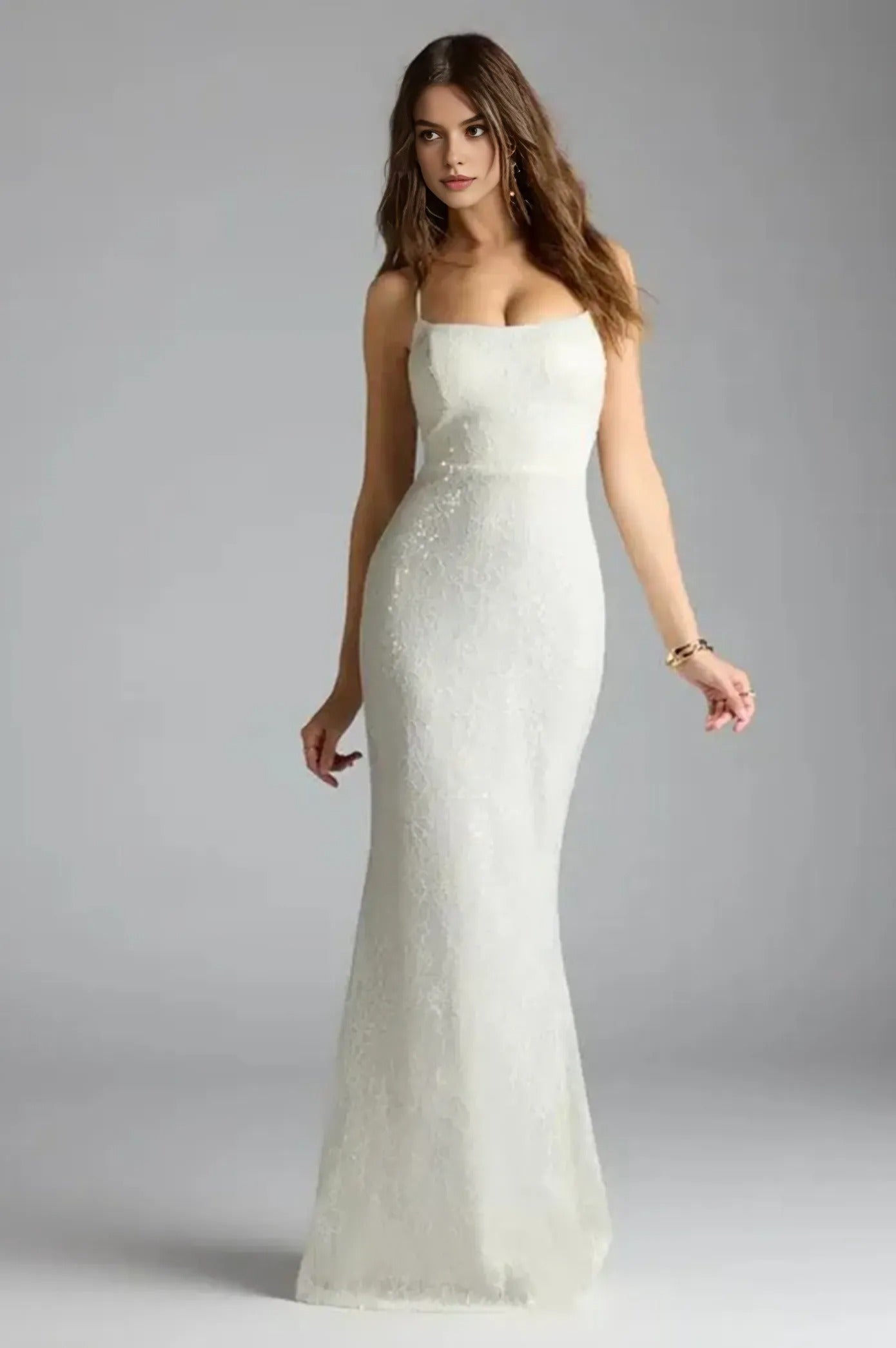 Ivory Lace-Up Back Mermaid Sequin Gown – Formal Maxi Dress
