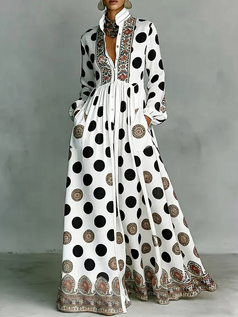 High Waisted Long Sleeves Big Hemline Buttoned Contrast Color Pleated Pockets Polka-Dot Stand Collar Maxi Dresses
