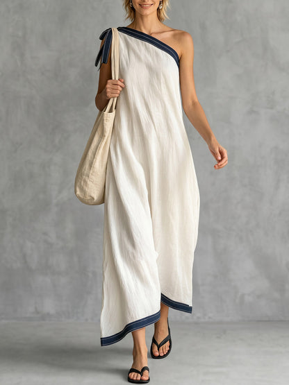A-Line Sleeveless Asymmetric Contrast Color One-Shoulder Maxi Dresses