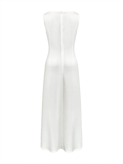 Sleeveless Gauze Pleated Solid Color Split-Joint Round-Neck Evening Dresses Maxi Dresses