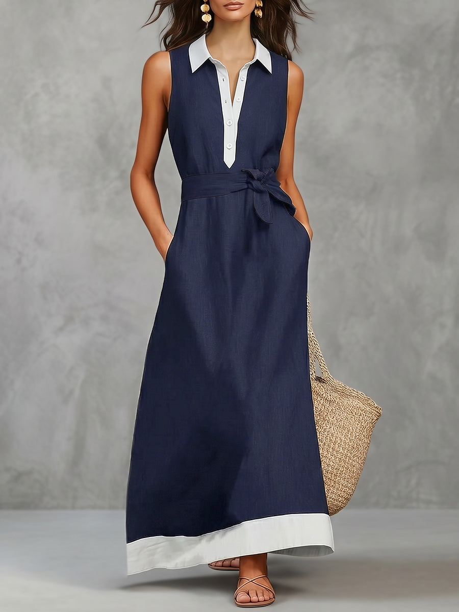A-Line Loose Buttoned Contrast Color Pockets Tied Zipper Lapel Maxi Dresses