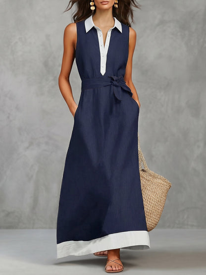 A-Line Loose Buttoned Contrast Color Pockets Tied Zipper Lapel Maxi Dresses