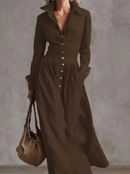 High Waisted Long Sleeves Buttoned Pleated Pockets Solid Color Split-Joint Lapel Maxi Dresses