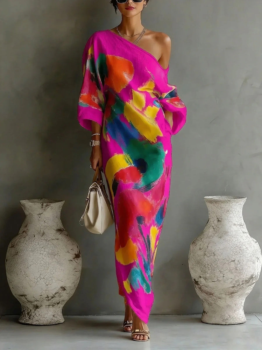 Long Sleeves Loose Asymmetric Contrast Color Pockets Printed One-Shoulder Maxi Dresses