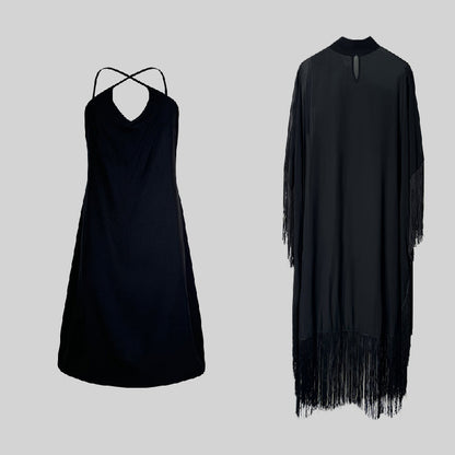 Batwing Sleeves Loose See-Through Solid Color Tasseled Mock Neck Maxi Dresses
